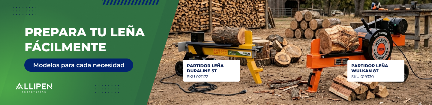 Banner promocional de Allipén Ferreterías sobre partidores de leña con modelos Duraline 5T y Wulkan 8T.