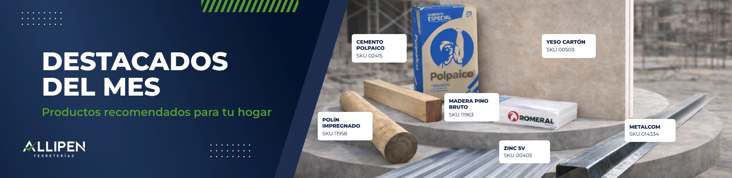 Banner de Allipén con productos destacados del mes en materiales de construcción y terminaciones.