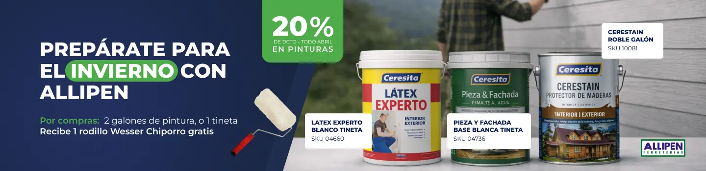 20% de descuento en pinturas en Allipen durante abril. Compra 2 galones de pintura o 1 tineta y recibe 1 rodillo Wesser Chiporro gratis.