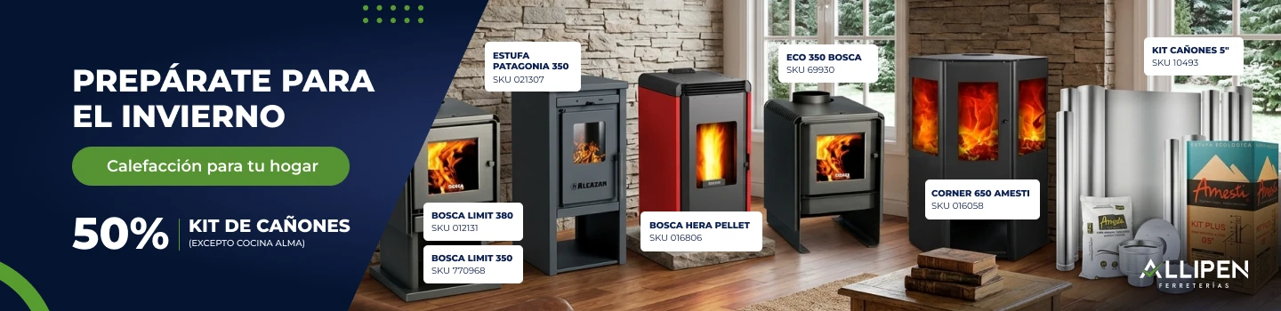 Banner promocional de Allipén Ferreterías sobre calefacción para el hogar con estufas Bosca, Amesti y kit de cañones con 50 por ciento de descuento.