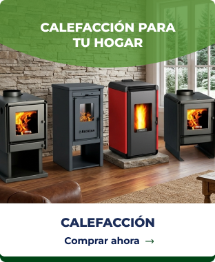 Banner promocional de Allipén Ferreterías sobre calefacción para el hogar con estufas Bosca, Amesti y kit de cañones con 50 por ciento de descuento.