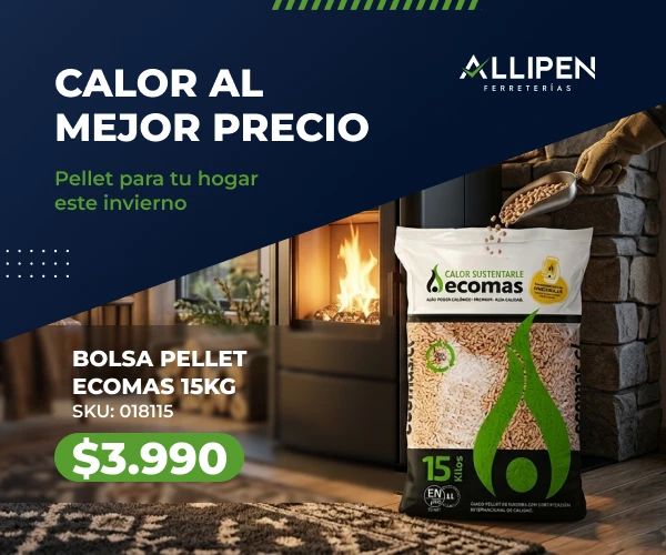 Banner de Allipén con bolsa de pellet Ecomas 15 kg en promoción para calefacción del hogar.
