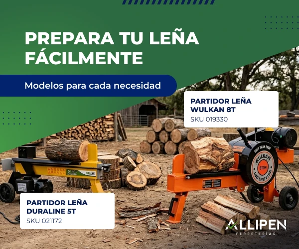 Banner de Allipén con partidores de leña eléctricos para preparar leña fácilmente en invierno.