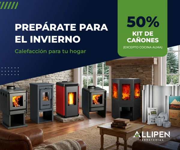 Banner de Allipén con estufas, calefacción para el hogar y promoción en kit de cañones para invierno.
