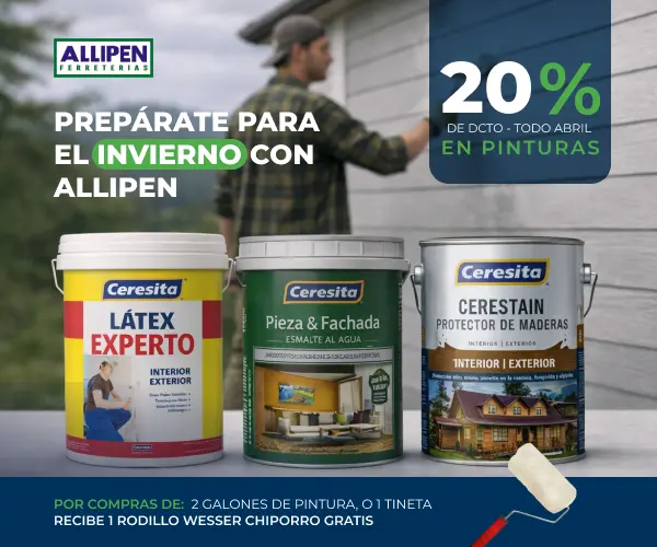 20% de descuento en pinturas en Allipen durante abril. Compra 2 galones de pintura o 1 tineta y recibe 1 rodillo Wesser Chiporro gratis.