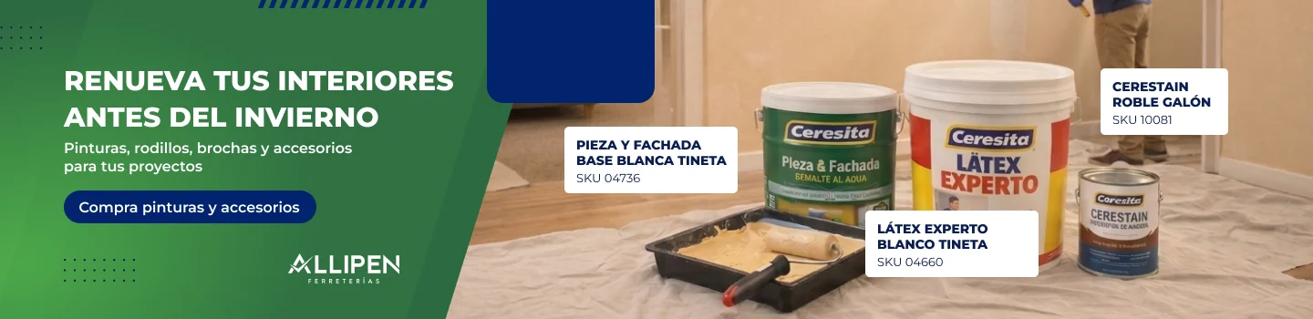 Pinturas, rodillos, brochas y accesorios para renovar interiores antes del invierno en Allipen.