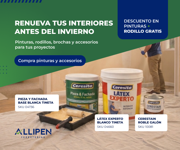 Pinturas, rodillos, brochas y accesorios para renovar interiores antes del invierno en Allipen.