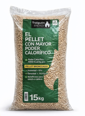Bolsa de pellet Traiguén Energy 15 kg certificación ENplus A1 para estufas a pelletPellet Traiguén Energy 15 kg · ENplus Clase A1 · Pino y eucalipto 100% natural