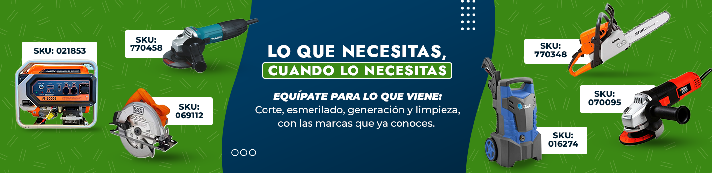 Herramientas eléctricas en Allipen: generador, esmeriladora, sierra circular, motosierra STIHL, hidrolavadora y amoladora para corte, esmerilado, generación y limpieza.