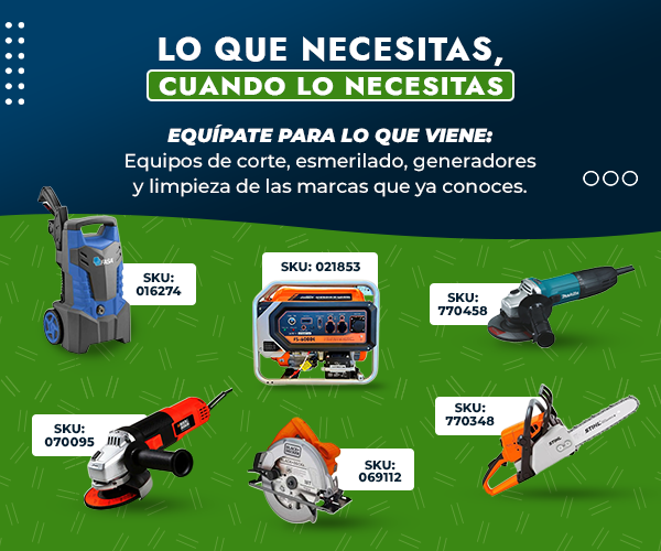 Herramientas eléctricas en Allipen: generador, esmeriladora, sierra circular, motosierra STIHL, hidrolavadora y amoladora para corte, esmerilado, generación y limpieza.