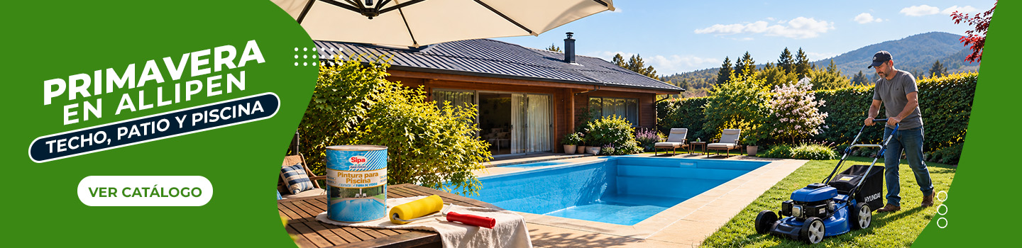 Casa con piscina en primavera: pintura para piscina Sipa y cortadora de césped Hyundai, disponibles en Allipen para preparar techo, patio y piscina.